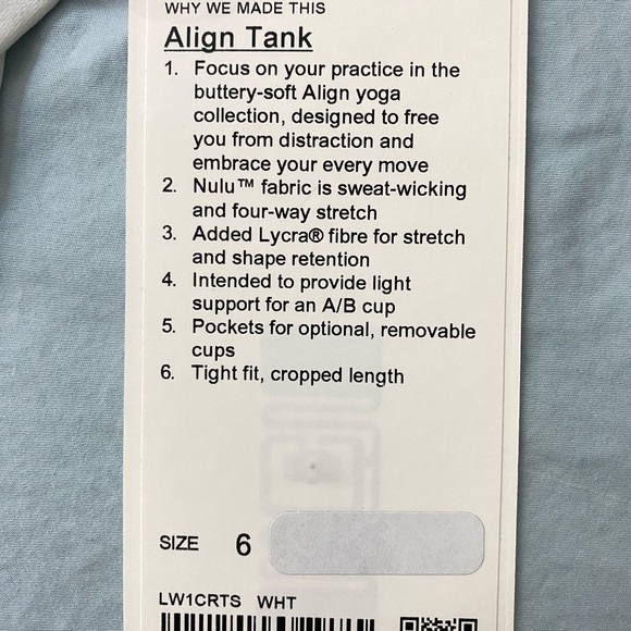 NEW WITH TAGS Lululemon Align Tank Top White Nulu Cropped Pads - Picture 8 of 8